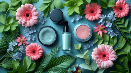 Beauty background featuring an array of facial cosmetic products. Makeup and skincare, concept of beauty and self-care. Wallpaperの素材