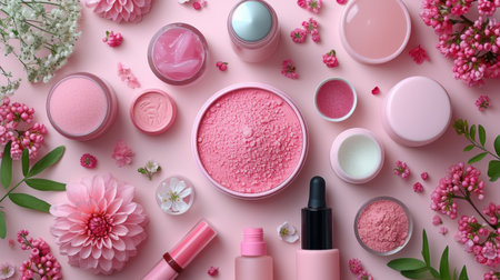Beauty background featuring an array of facial cosmetic products. Makeup and skincare, concept of beauty and self-care. Wallpaperの素材