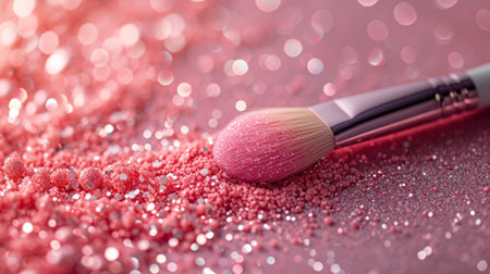 Makeup brush surrounded by shiny sparkles on a pastel pink backgroundの素材