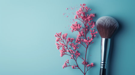 Makeup brush  on a pastel pink background with flowersの素材