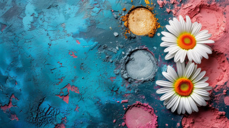 Colorful Eyeshadow palette, background pattern, wallpaper. Cosmetic powder with glitter glow on a pastel background with flowersの素材