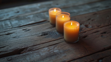 Handmade natural candles showcased on a wooden background. Simplicity and charm of the candles, organic background.の素材