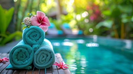 Atmosphere of relaxation and tranquility that embodies the essence of a spa retreat, beauty treatment items for spa procedures.の素材