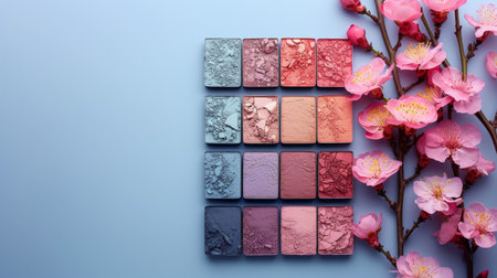 Colorful Eyeshadow palette, background pattern, wallpaper. Cosmetic powder with glitter glow on a pastel background with flowersの素材