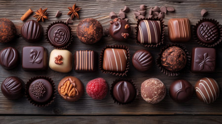 Handmade natural chocolate candies showcased on a wooden background.の素材