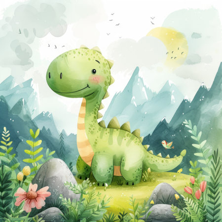 Watercolor cartoon cute little dinosaurの素材