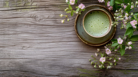 Cup of matcha latte green tea and spring flowers on rustic wooden backgroundの素材