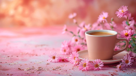 Cup of coffee and coffee beans on wooden background. Copy space for textの素材