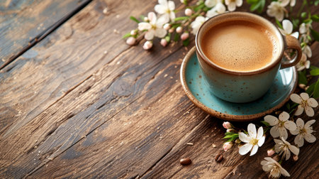 Cup of coffee and coffee beans on wooden background. Copy space for textの素材