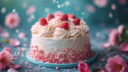 Birthday cake with flowers on table in cafe, closeup viewの素材