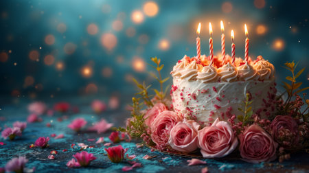 Birthday cake with candles on table in cafe, closeup viewの素材