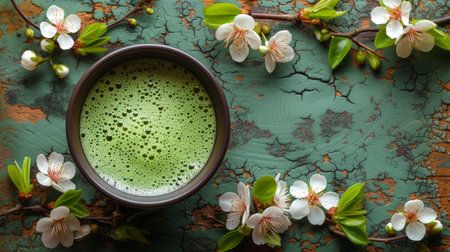 Cup of matcha latte green tea and spring flowers on rustic wooden backgroundの素材