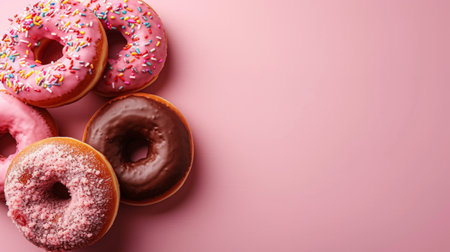 Colorful donuts with sprinkles on pink background, top viewの素材