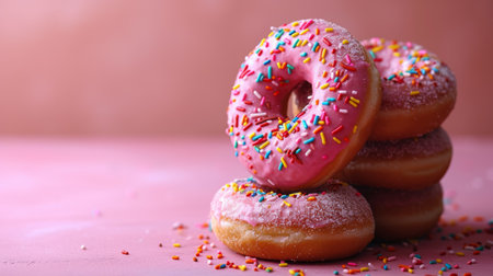 Homemade donuts with chocolate and sugar on a pastel pink background, side view.の素材