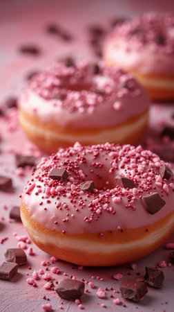 Homemade donuts with chocolate and sugar on a pink pastel background, top viewの素材