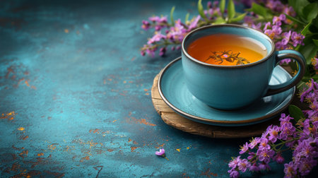 Cup of tea with flowers on wooden table, top view. Green black herbal teaの素材