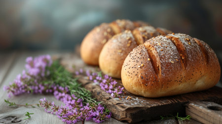 Freshly baked bread on wooden table, wooden background. Top view, side view with copy space for textの素材