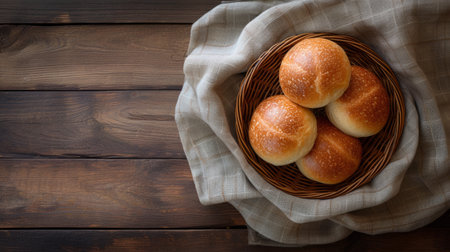 Freshly baked bread on wooden table, wooden background. Top view, side view with copy space for textの素材
