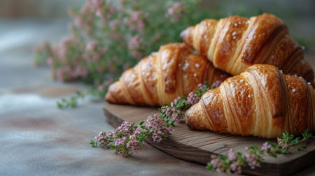 Freshly handmade baked croissants on a rustic wooden background.の素材