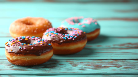 Homemade donuts with chocolate and sugar on a blue wooden background, side viewの素材