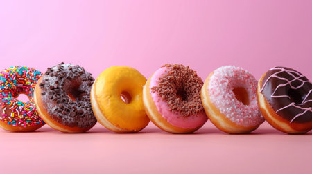 Homemade donuts with chocolate and sugar on a pastel pink background, side view.の素材