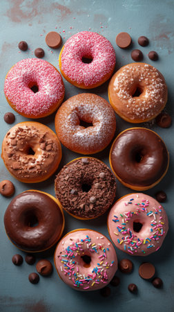 Homemade donuts with chocolate and sugar on a blue pastel background, top viewの素材