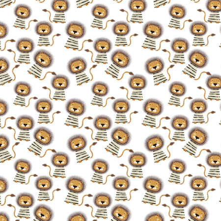 Cute lion cartoon pattern illustration. Print for notebook, fabrics, textiles and gift wrapping Baby Shower. blank background Muzzle lion.の写真素材