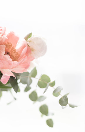 Bouquet of peonies on a white background. Eucalyptus and peonies bouquet in a glass vase. Beautiful bouquet of flowers. Womens day, 8 of March, Mothers day.の写真素材