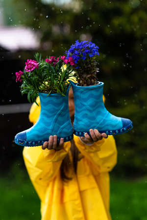 A girl in a yellow raincoat holds a box of spring flowers in the rain.