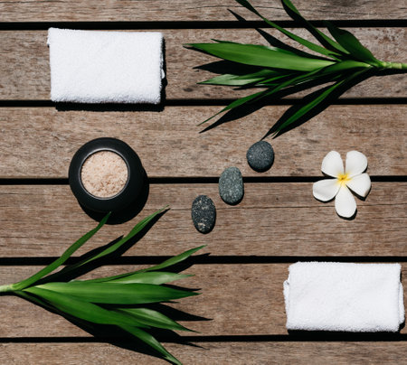 Spa treatments on wooden background top view. Spa and beauty threatment. Body care wiht hot stones and coconut sea salt. Space for text. Top view. Flat lay.の写真素材