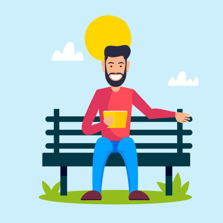 Man sitting on bench and reading book, vector illustration in flat styleのイラスト素材