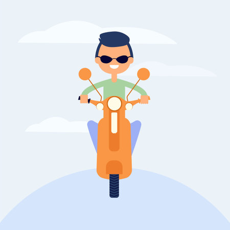 Man riding scooter on the road, vector illustration in flat styleのイラスト素材