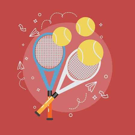 Tennis racket and ball on red background, flat style vector illustrationのイラスト素材