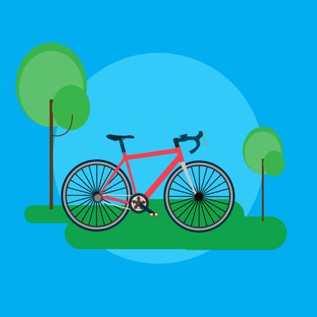 Bicycle in the park, flat style vector illustration on blue backgroundのイラスト素材
