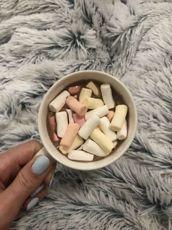Drinking cocoa with multicolored marshmallows at homeの写真素材