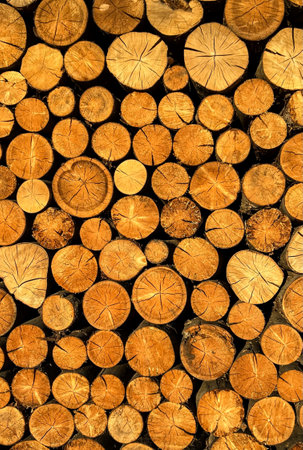 Wall of beautiful yellow firewood pine backgroundの写真素材