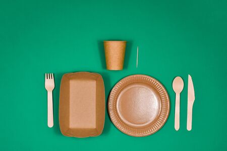 Zero waste, environmentally friendly, disposable, cardboard, paper tableware View from the topの写真素材