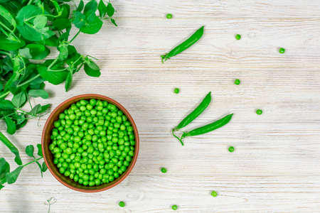 Fresh green peas in a bowl against the background of leaf shoots, sprigs of young green peas on a white wooden table. View from above. Proper nutrition, vitamins.の写真素材