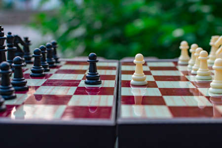 Chess pieces are placed on a chess board against a blurred background of nature. The pawns are black and white opposite each other. Blurred focus. Defocus. Shechamat day.の写真素材