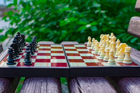 Shehamat day. Chess pieces are placed on a chessboard on a blurred background of nature. Blurred focus. Defocus.の写真素材