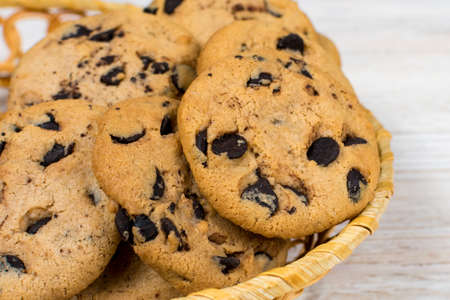 Chocolate chip cookies in a basket. Close-up.