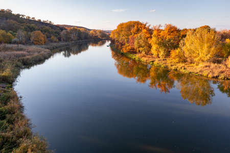 Multicolored autumn trees in the sun on the river bank. Autumn landscape. Bright colors of autumn by...