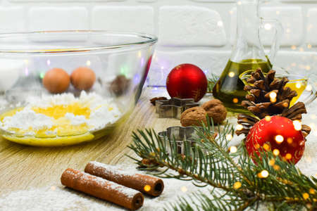 Christmas gingerbread cooking concept. New Year and Christmas card. Homemade gingerbread baking....