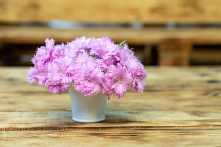 Pink carnations in a white bucket on a wooden table. Place for an inscription. Copy space.の写真素材