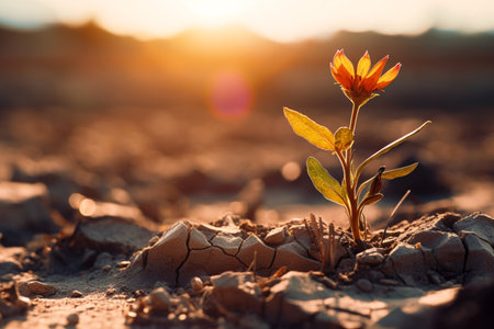A sprout growing from drying, cracked soil in the rays of sunset. Selective focus. Low viewing angle. AI generated.の素材