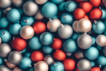 Christmas red silver turquoise balls background. AI generatedの素材