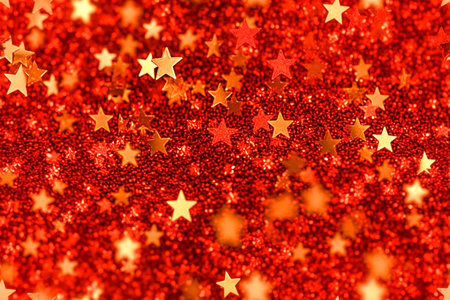 Golden stars on a red background. Festive holiday background for your projects. Christmas pattern. AI generatedの素材