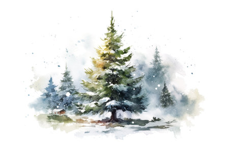 Watercolor card with Christmas tree and winter forest on a white background. AI generatedの素材