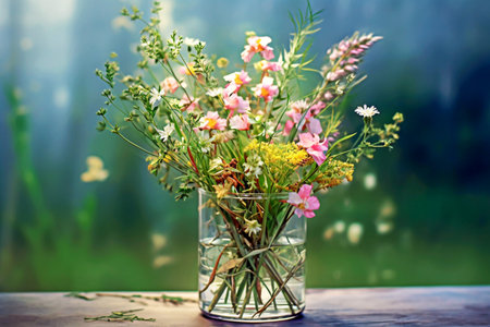 Bouquet of wild flowers on the table in a glass vase. Selective focus. AI generatedの素材