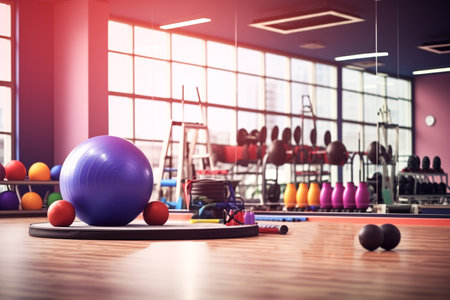 Sports equipment and fitness room blurred background. AI generatedの素材